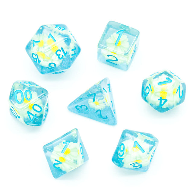 Sunflower Blue (Resin Flower) Dice 7-Dice Set Resin Dungeons and Dragons Dice (Online Only)