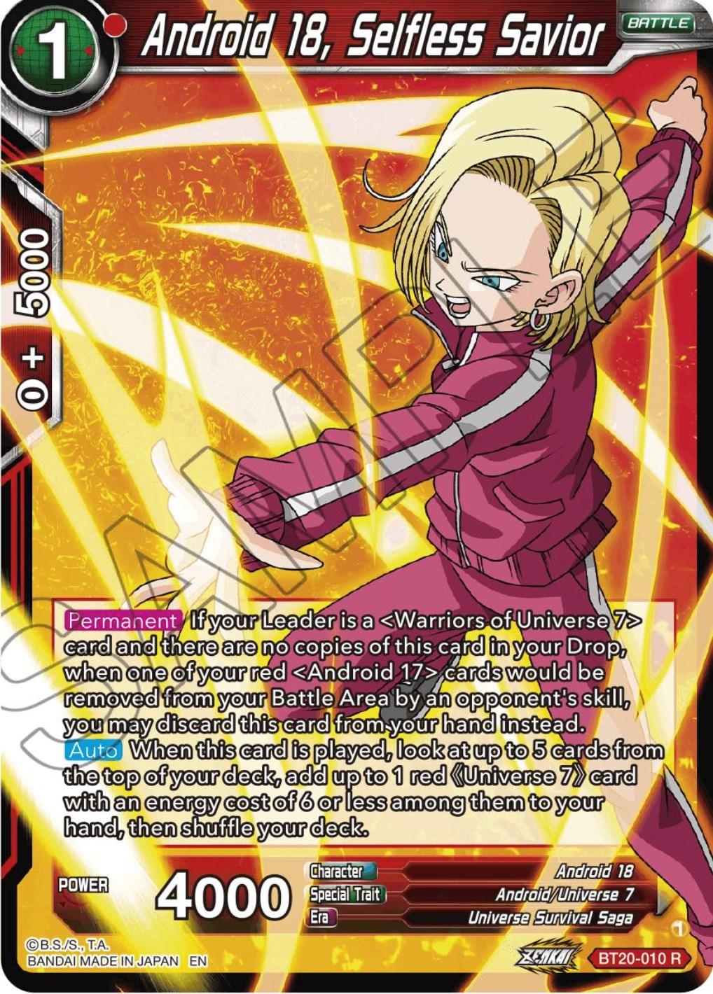 Android 18, Selfless Savior (BT20-010) [Power Absorbed] (ONLINE ORDER ONLY)