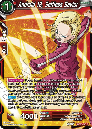 Android 18, Selfless Savior (BT20-010) [Power Absorbed] (ONLINE ORDER ONLY)