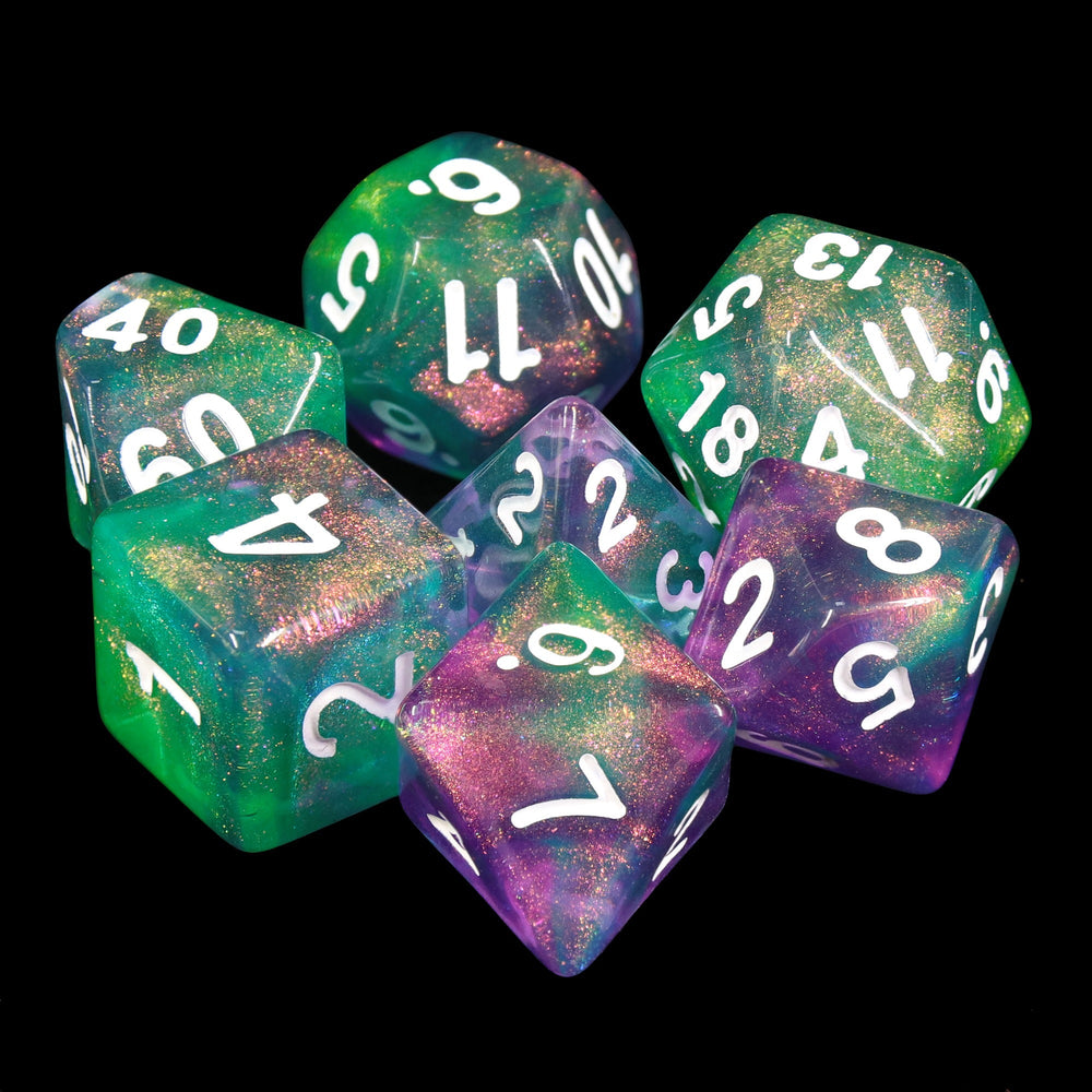 Potions Portion Green/Purple Glitter 7-Dice Set by HendgaDice (Online Only)