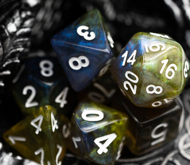 Yellow & Blue w/white Galaxy Glitter 7-Dice Set RPG (Online Only)