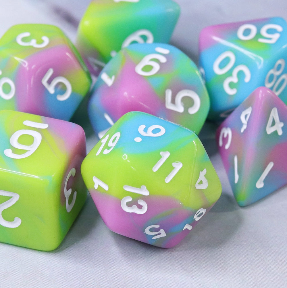 Childhood Pink/Blue/Green/Yellow Blend with White Numbering 7-Dice Set RPG (Online Only)