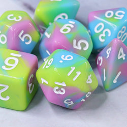 Childhood Pink/Blue/Green/Yellow Blend with White Numbering 7-Dice Set RPG (Online Only)