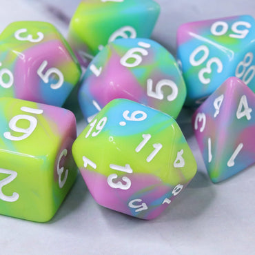 Childhood Pink/Blue/Green/Yellow Blend with White Numbering 7-Dice Set RPG (Online Only)