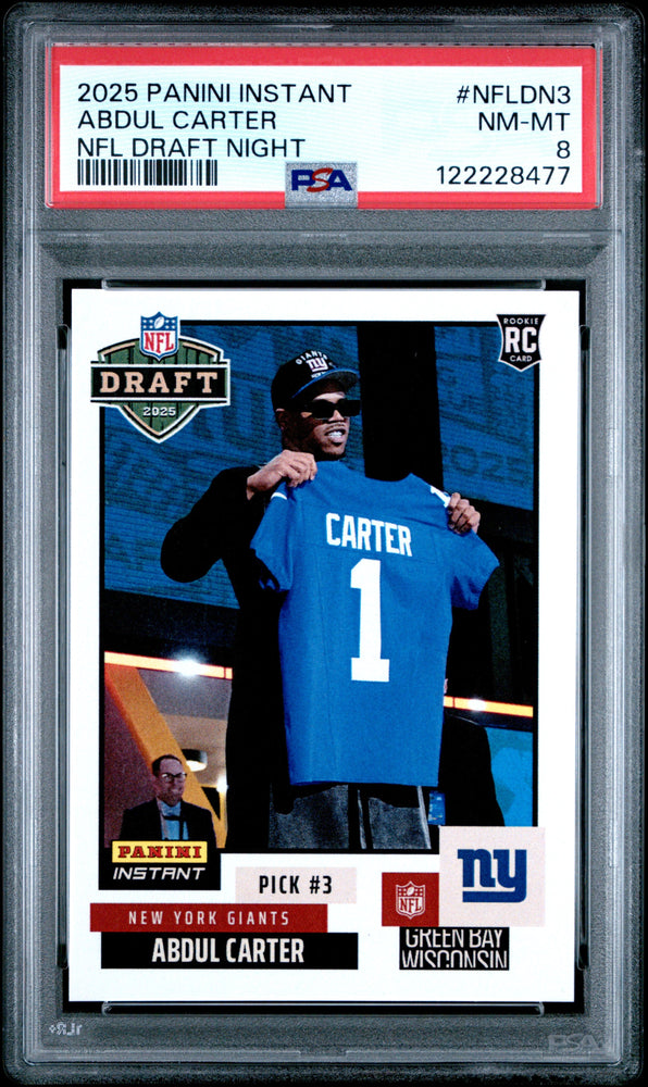 Graded 2025 Panini Instant Abdul Carter #NFLDN3 NFL Draft Night Rookie RC Football Card PSA 8 Near Mint (ONLINE ORDER ONLY)