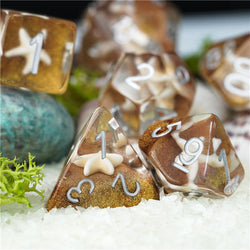 White Starfish Dice on Gold 7-Dice Set Resin Dungeons and Dragons Dice (Online Only)
