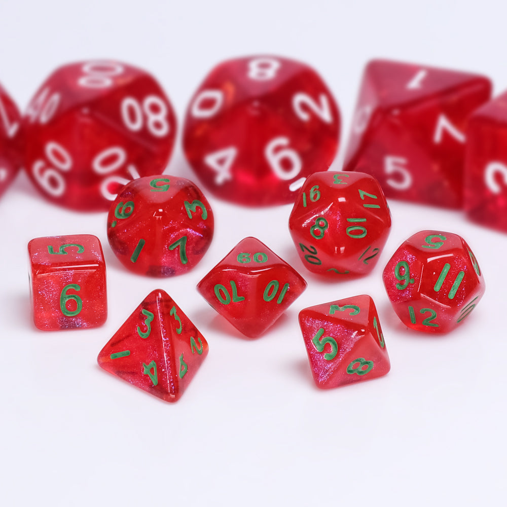 Glitter Red 7-Dice Mini-Dice RPG Set w/Green Numbers Miniature Dice (Online Only)