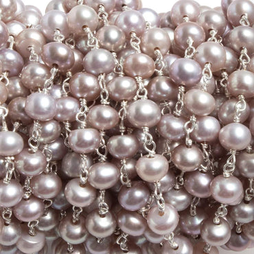5.5mm Ice Pink Button Pearl Silver plated Chain by the foot 34 pieces (ONLINE ORDER ONLY)