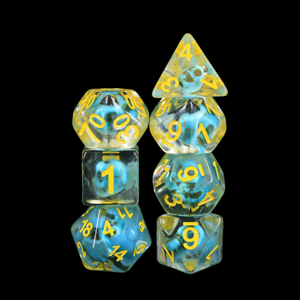 Turquoise Treasure Skull Dice Blue/Yellow Halloween Resin 7-Dice (Online Only)