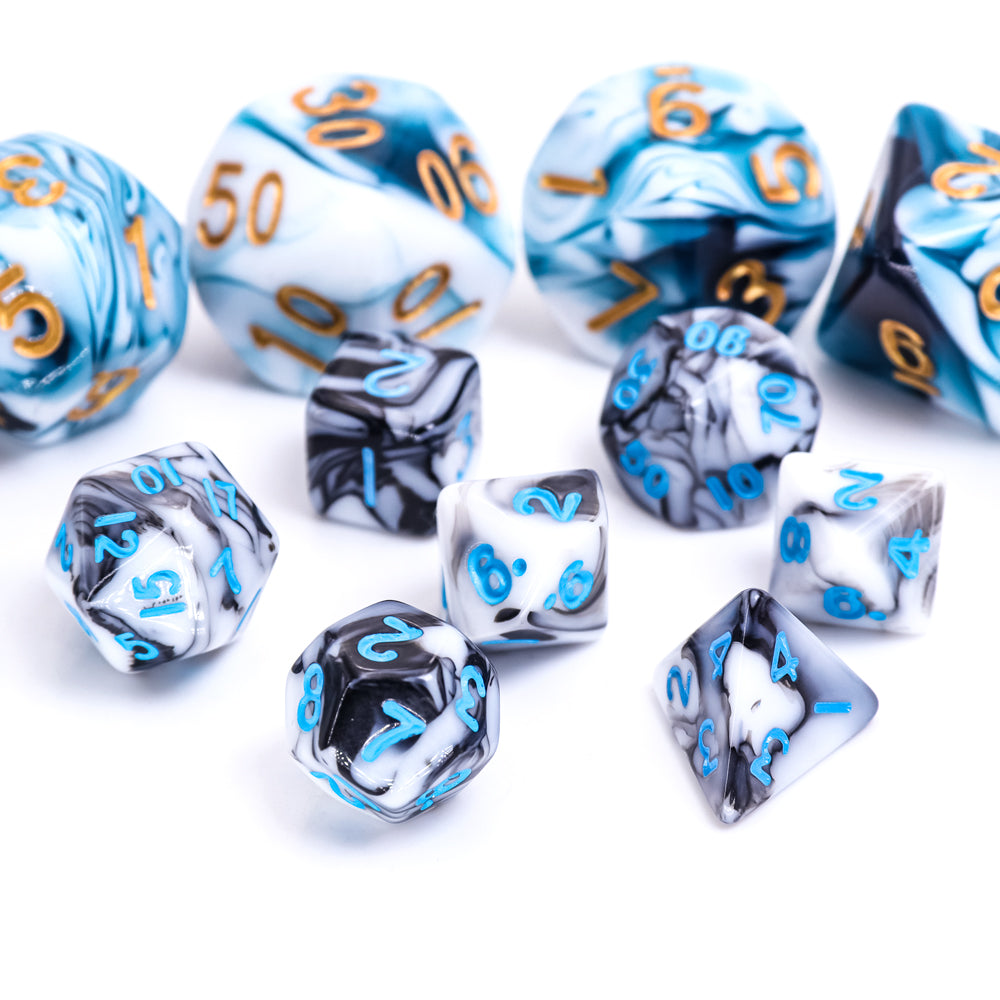 Black White Blend 7-Dice Mini-Dice RPG Set w/Blue Numbers Miniature Dice (Online Only)