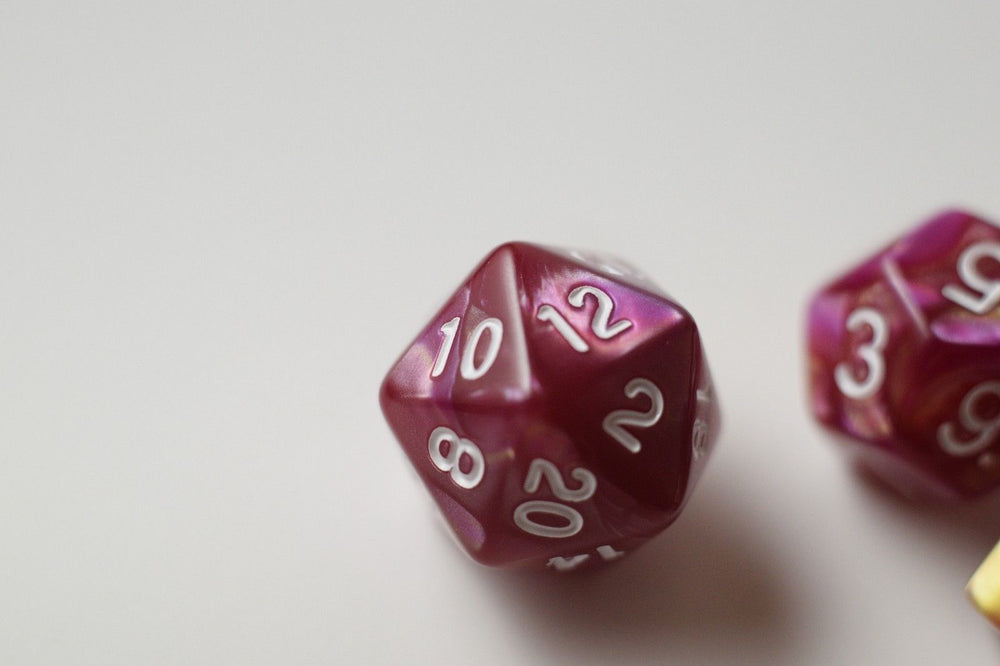 NEW Yellow and Rose Red Swirl Poly Dice Set (7) New RPG DnD w/ White Numbers (Online Only)
