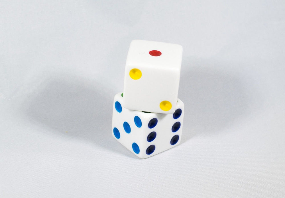 NEW 2 Jumbo 25mm 1 inch White Dice Pair RPG D6 Koplow Large Huge Rainbow Pips (Online Only)