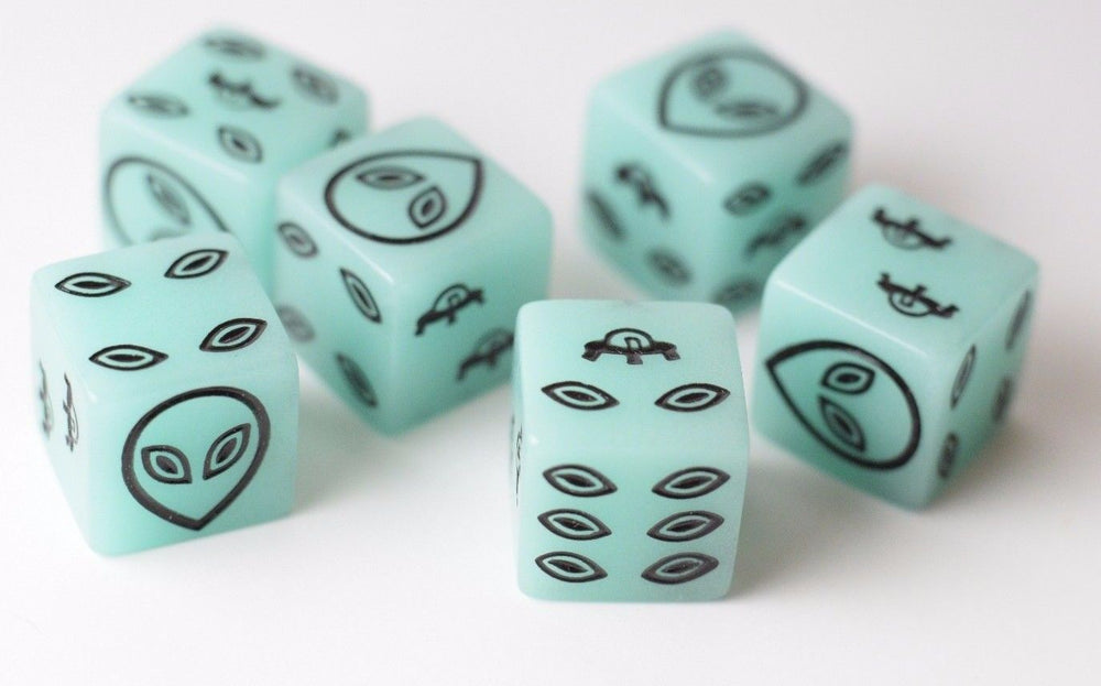 NEW Green Dice with Black Aliens GLOWS Dice 6 Sided Bunco RPG D6 16mm Roll (Online Only)