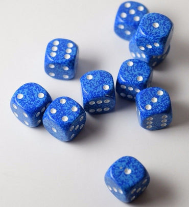 Water Speckled 16mm D6 Pipped Dice | Blue and White (sold per die) (Online Only)