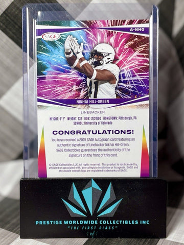 Nikhai Hill-Green 2025 Sage Rookie Auto Fireworks #A-NHG Colorado Buffaloes (ONLINE ORDER ONLY)