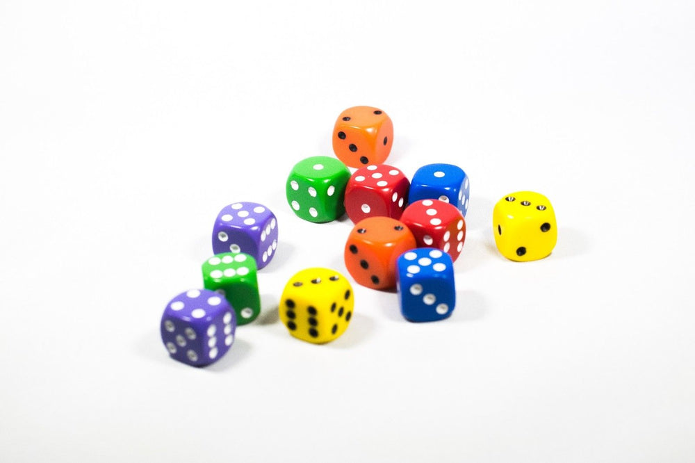 New Dice 12mm 6-sided Red Orange Yellow Green Blue Purple Small Rainbow 12 Dice (Online Only)