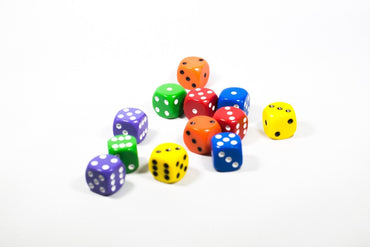 New Dice 12mm 6-sided Red Orange Yellow Green Blue Purple Small Rainbow 12 Dice (Online Only)