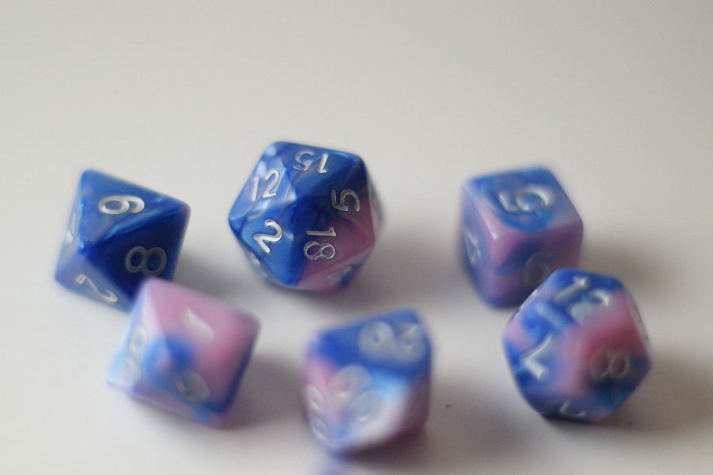 New Shiny Pink Blue Miniature Poly Dice Set Small (7) RPG DnD Mini Cute (Online Only)