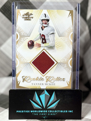 Tanner McKee 2023 Leaf Trinity Rookie Relics Jersey Patch #RR-34 PHI Eagles RC (ONLINE ORDER ONLY)