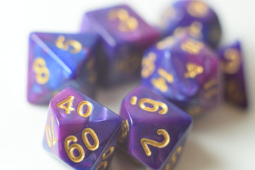 NEW Royal Purple & Blue Regal Swirl Poly Dice Set (7) RPG DnD w/ Gold Numbers (Online Only)