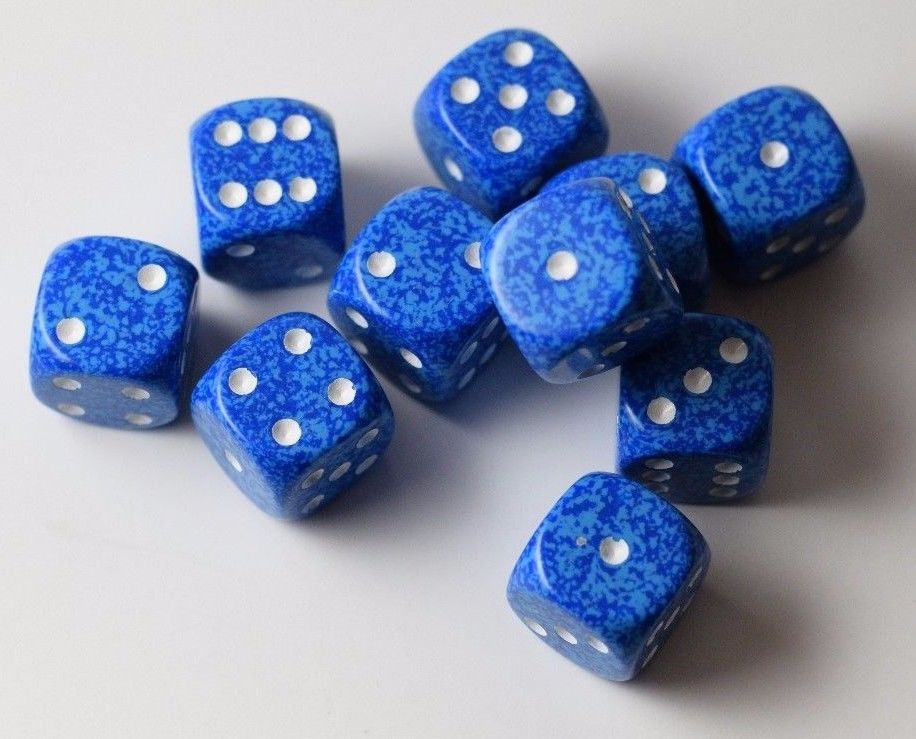 Water Speckled 16mm D6 Pipped Dice | Blue and White (sold per die) (Online Only)