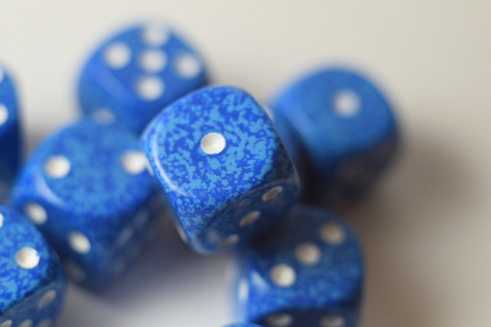 Water Speckled 16mm D6 Pipped Dice | Blue and White (sold per die) (Online Only)