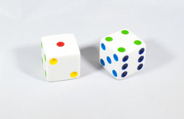 NEW 2 Jumbo 25mm 1 inch White Dice Pair RPG D6 Koplow Large Huge Rainbow Pips (Online Only)