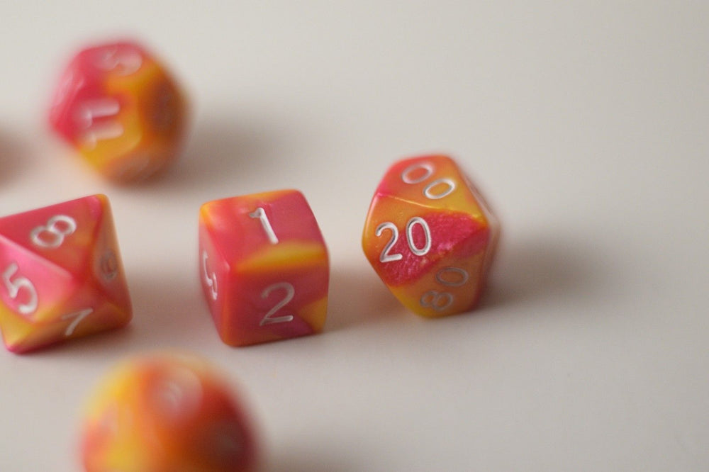 New Shiny Yellow Pink Miniature Poly Dice Set Small (7) RPG DnD Mini Cute (Online Only)