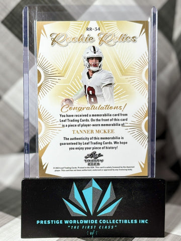 Tanner McKee 2023 Leaf Trinity Rookie Relics Jersey Patch #RR-34 PHI Eagles RC (ONLINE ORDER ONLY)