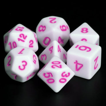 White Opaque with Purple/Pink Numbering 7-Dice Set RPG (Online Only)