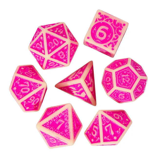 Off-White with Pink Irregular Pattern Fill: 7-Piece Acrylic Dice Set (Online Only)