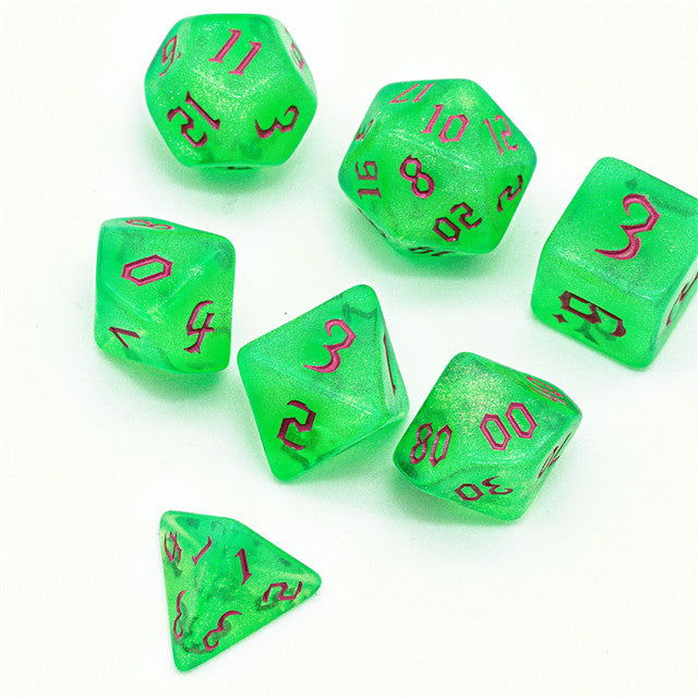 Green Glitter Party Glitter Dice (Pink font) 7-Dice Set RPG DND (Online Only)