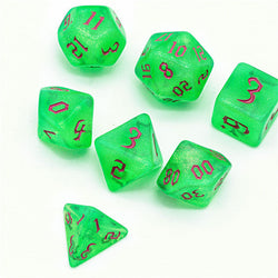 Green Glitter Party Glitter Dice (Pink font) 7-Dice Set RPG DND (Online Only)