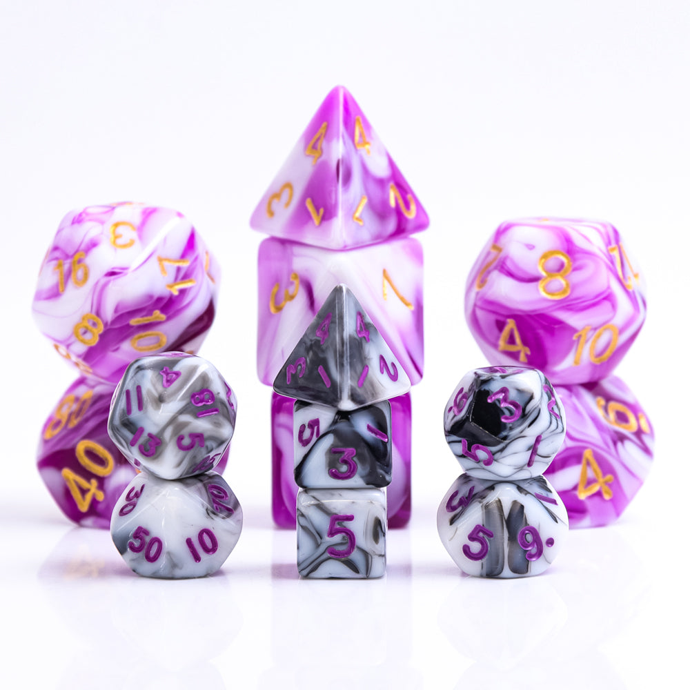 Black White Blend 7-Dice Mini-Dice RPG Set w/Purple Numbers Miniature Dice (Online Only)