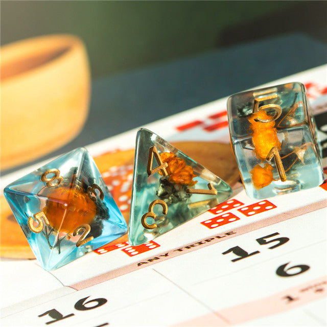Orange & Grey Flower Dice  7-Dice Set Resin Dungeons and Dragons Dice (Gypsophila / Baby's-Breath) (Online Only)