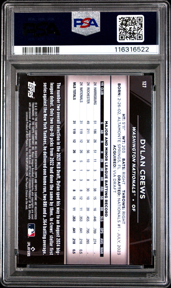Graded 2025 Topps Chrome Black Dylan Crews #127 Rookie RC Baseball Card PSA 10 Gem Mint (ONLINE ORDER ONLY)