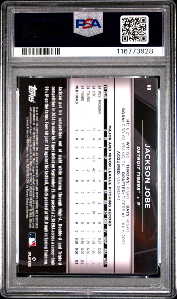 Graded 2025 Topps Chrome Black Jackson Jobe #60 Rookie RC Baseball Card PSA 10 Gem Mint (ONLINE ORDER ONLY)