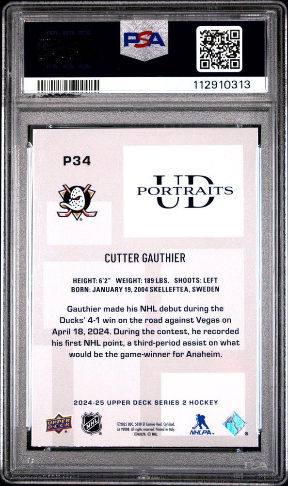 Graded 2024 Upper Deck Cutter Gauthier #P34 UD Portraits Rookie RC Hockey Card PSA 10 Gem Mint (ONLINE ORDER ONLY)
