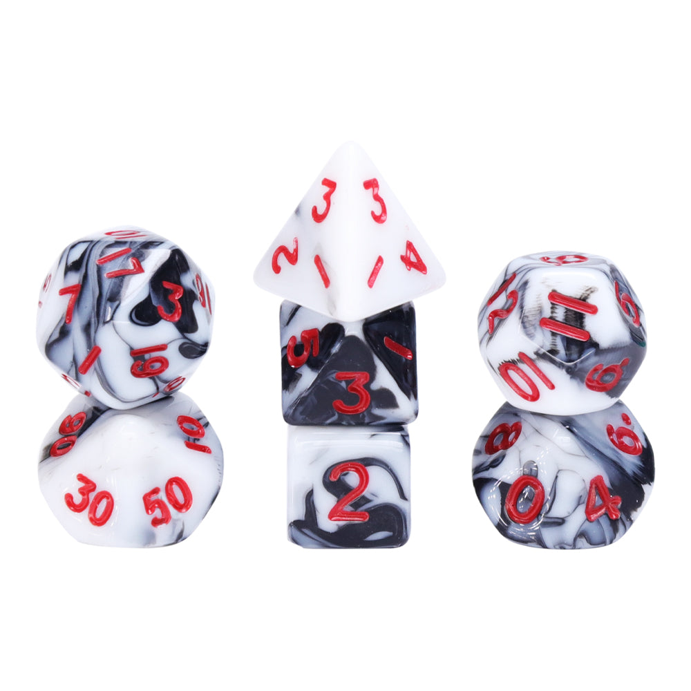 Black-White Blend 7-Dice Mini-Dice RPG Set w/Red Numbers Miniature Dice (Online Only)