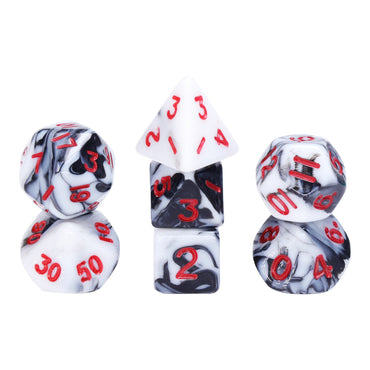 Black-White Blend 7-Dice Mini-Dice RPG Set w/Red Numbers Miniature Dice (Online Only)
