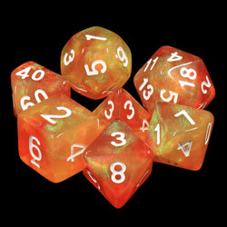 Walking the Sun Orange/Yellow Glitter 7-Dice Set by HendgaDice (Online Only)