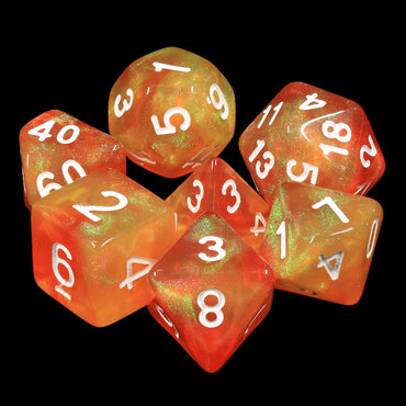 Walking the Sun Orange/Yellow Glitter 7-Dice Set by HendgaDice (Online Only)
