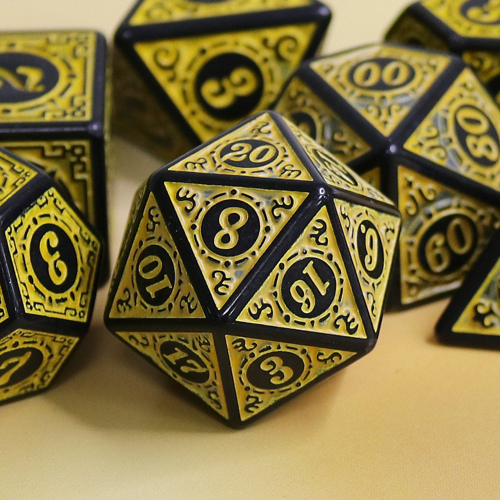 Yellow Magic Flame 7-Dice Set DND RPG Dice Black w/Color Fill (Online Only)