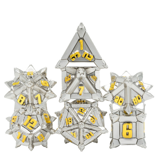 White w/Gold Pinwheel Strengthened Metal 7-Dice Set | Metal DND Dice (Online Only)