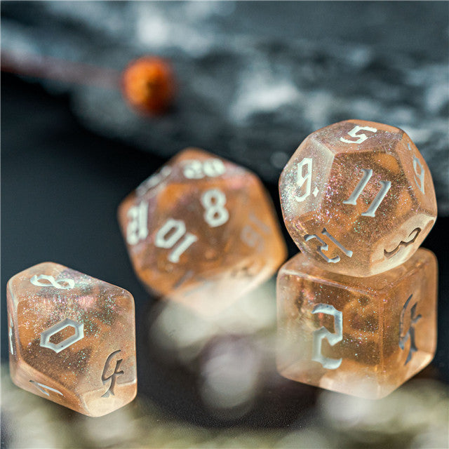 Peach Glitter Party Glitter Dice (White font) 7-Dice Set RPG DND (Online Only)