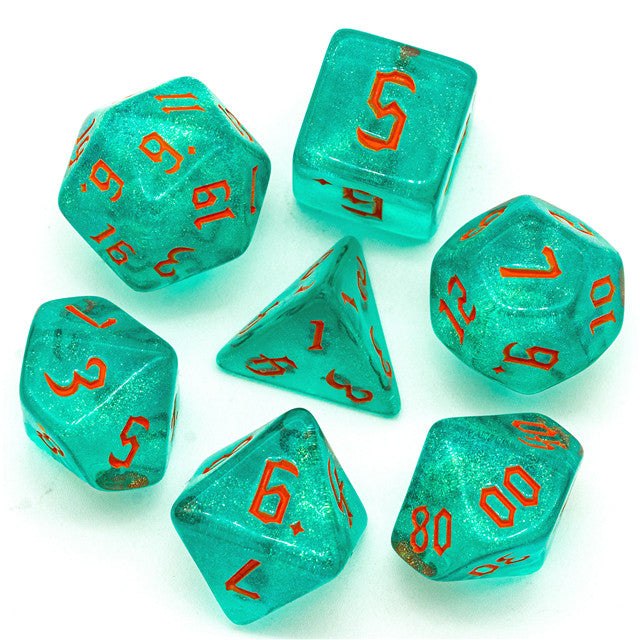 Blue/Teal Glitter Party Dice (Red/Orange font) 7-Dice Set RPG DND (Online Only)