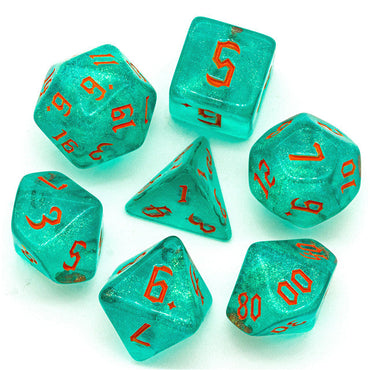 Blue/Teal Glitter Party Dice (Red/Orange font) 7-Dice Set RPG DND (Online Only)