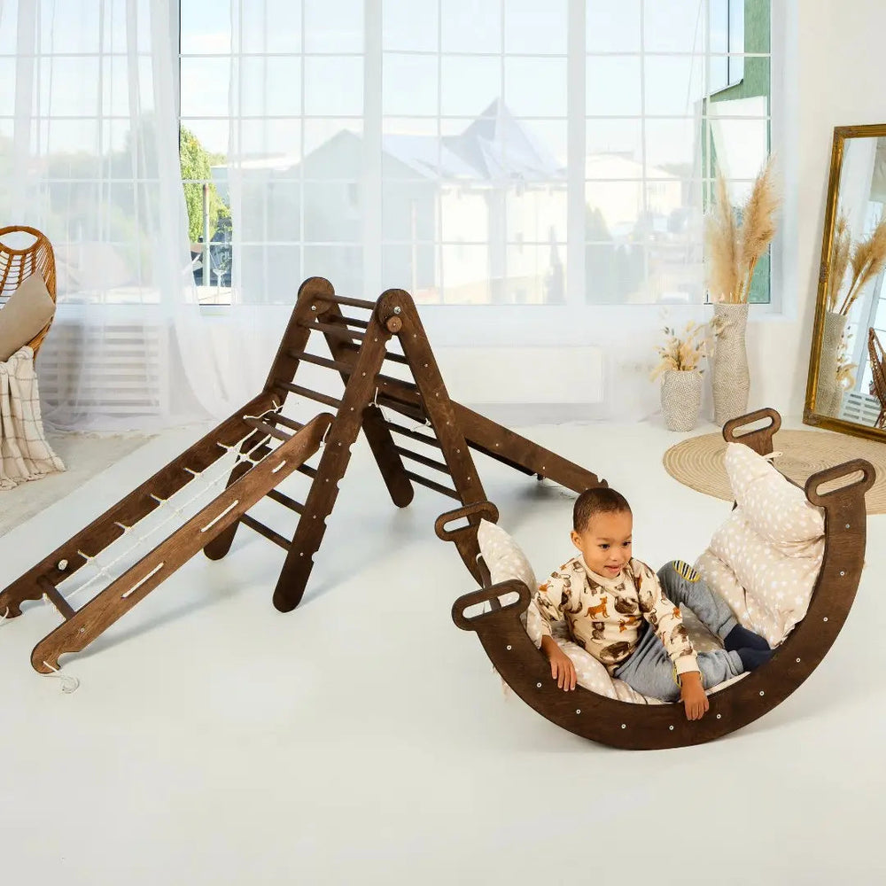 5in1 Montessori Climbing Set: Triangle Ladder, Climbing Arch, Slide, Net & Cushion – Chocolate (ONLINE ORDER ONLY)