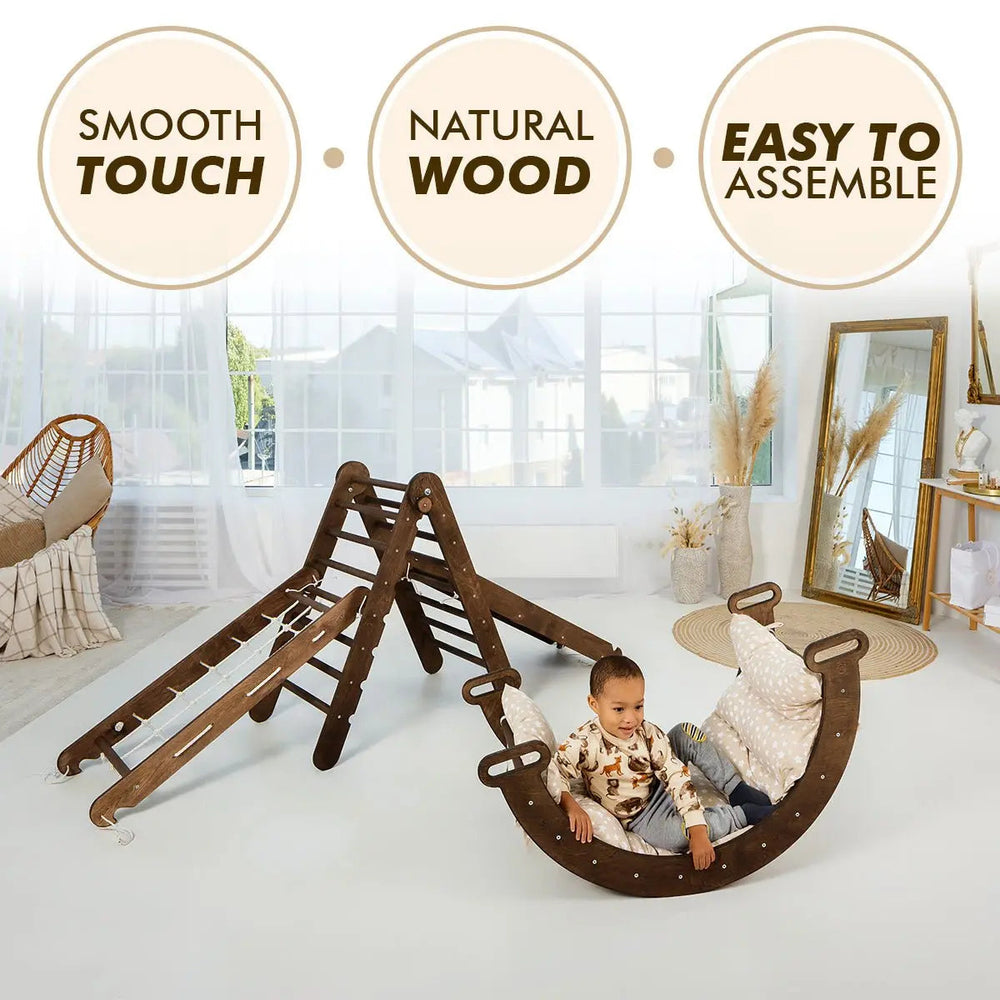 5in1 Montessori Climbing Set: Triangle Ladder, Climbing Arch, Slide, Net & Cushion – Chocolate (ONLINE ORDER ONLY)