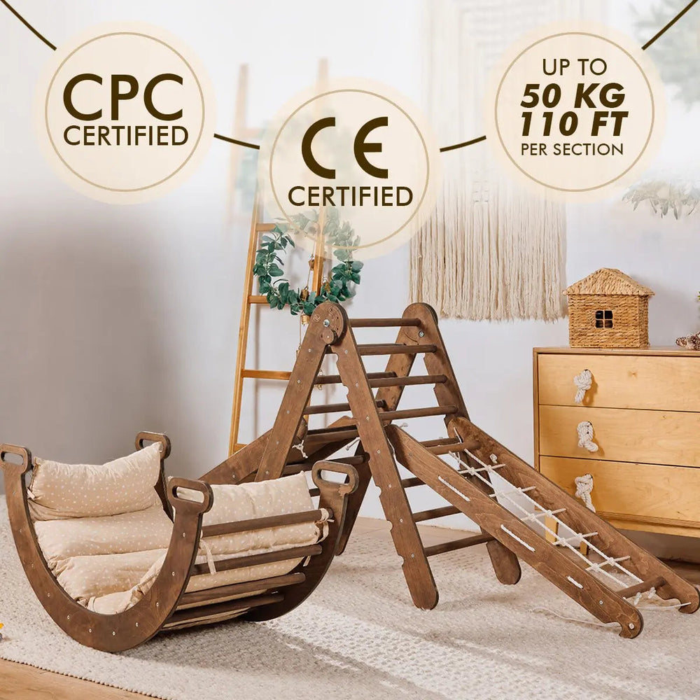 5in1 Montessori Climbing Set: Triangle Ladder, Climbing Arch, Slide, Net & Cushion – Chocolate (ONLINE ORDER ONLY)